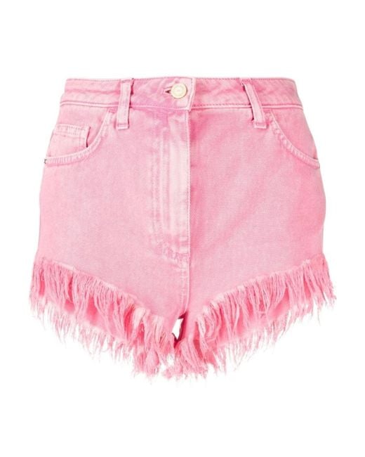Elisabetta Franchi Pink Frayed Denim Mini Shorts
