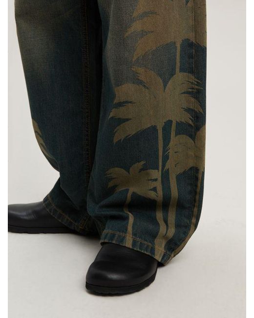 Palm Angels Green Laser Palm Wide Leg Jeans for men