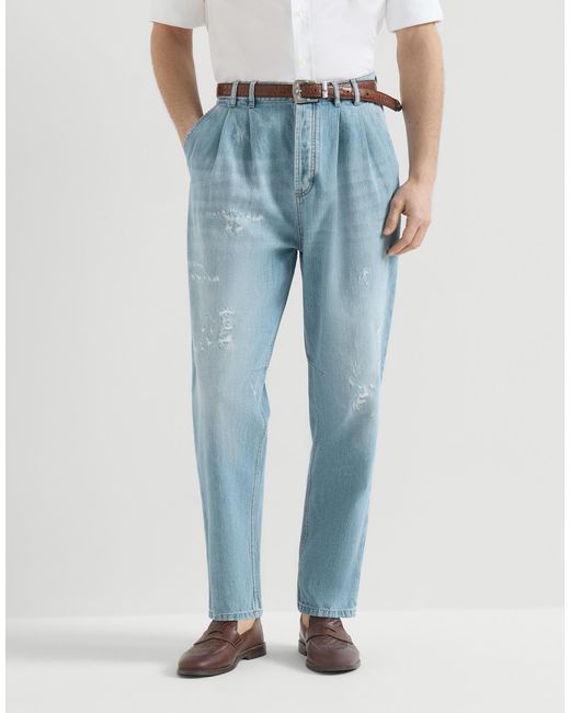 Brunello Cucinelli Blue Lightweight Denim Iconic Fit Five-Pocket Trousers With Double Pleats And Rips for men