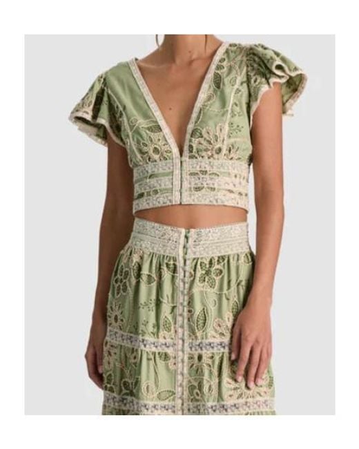 Alice + Olivia Green Keeley Embroidered Flutter Sleeve Top