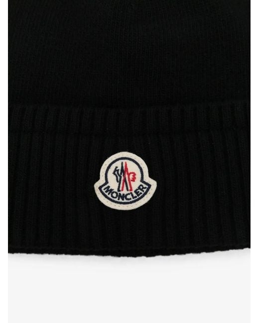 Moncler Black Logo-Patch Ribbed-Knit Beanie Hat for men