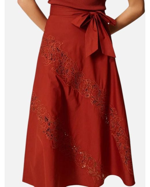 Twinset Red Long Poplin And Broderie Anglaise Skirt