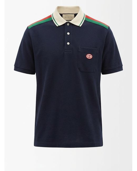 Gucci Black Brand-appliqué Striped-trim Cotton-jersey Polo Shirt for men