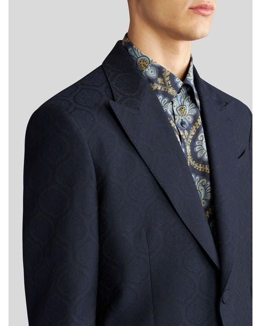 Etro Blue Patterned Single-Breasted Blazer for men