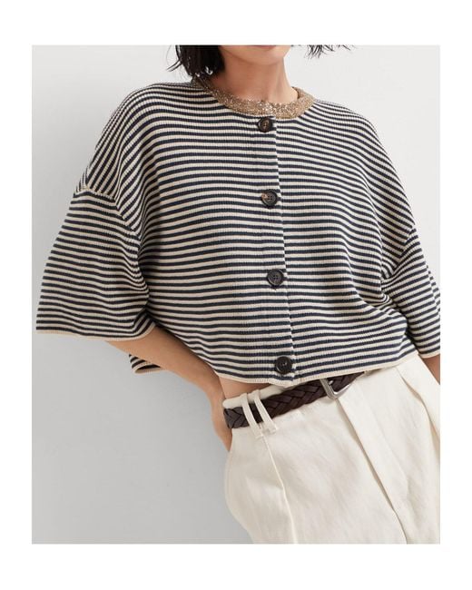 Brunello Cucinelli Gray Striped Sequin Embellished Cardigan