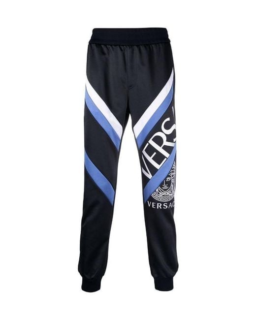 Versace Blue Logo Embroidered Track Pants for men