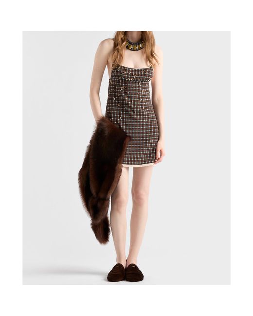 Prada Brown Embellished Checked Georgette Mini-Dress