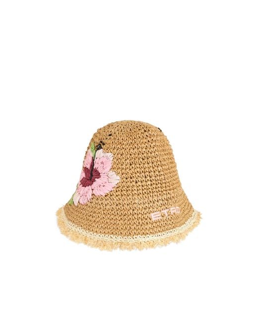 Etro Natural Raffia Bucket Hat With Embroidery