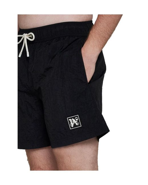 Palm Angels Black Monogram-Patch Drawstring Swimming Shorts for men