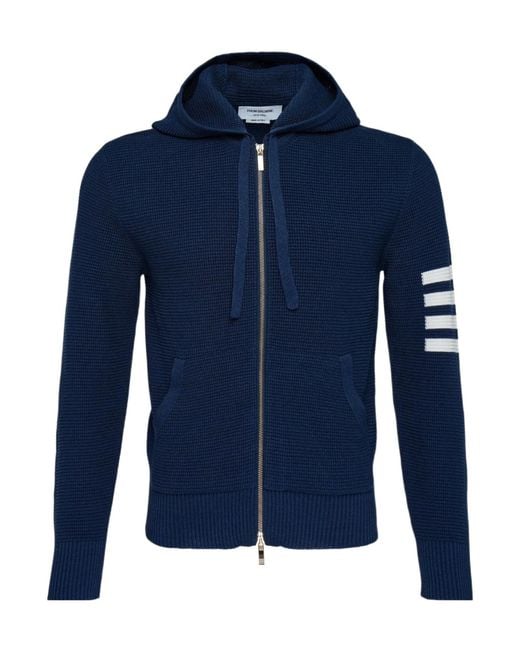 Thom Browne Blue 4-Bar Striped Waffle-Knit Zipped Hoodie for men