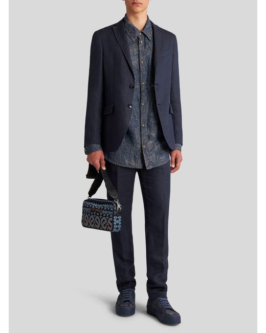 Etro Blue Floral Printed Single-Breasted Blazer for men