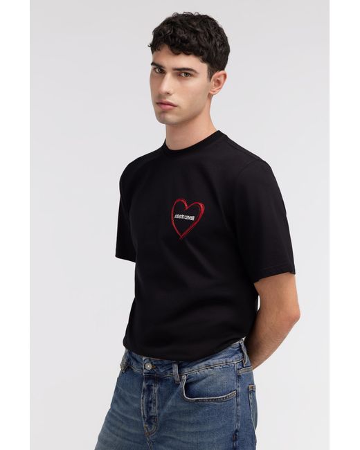 Roberto Cavalli Black Heart-Embroidered Cotton T-Shirt for men