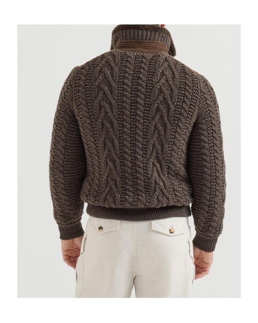 Brunello Cucinelli Brown Suede Shearling And Cashmere Knit Bomber Jacket With Thermore Padding for men