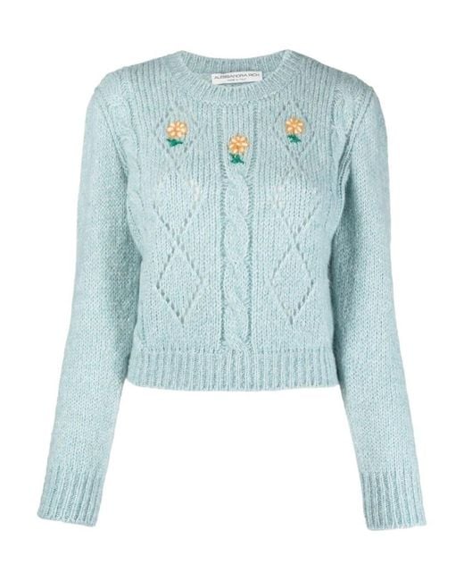 Alessandra Rich Blue Floral Embroidery Cable-Knit Jumper