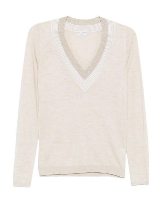 Brunello Cucinelli White Striped V-Neck Knitted Sweater