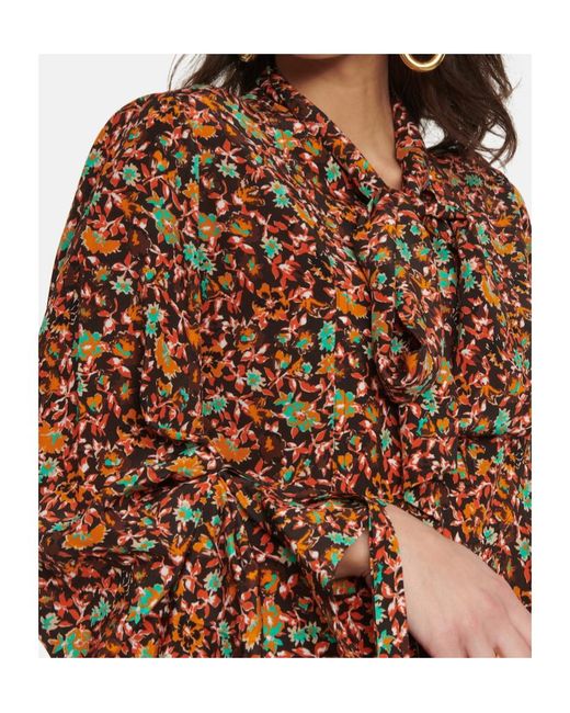Victoria Beckham Brown Floral Silk Midi Dress With Tie-Neck