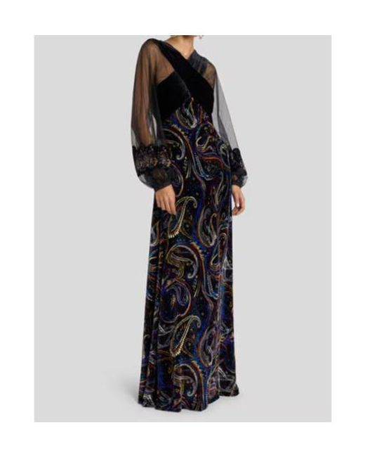 Etro Black Paisley Foliage Motif Velvet Long Dress