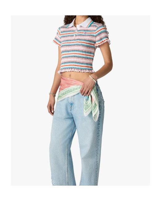 Casablanca Blue Shirred Stripe Polo Top
