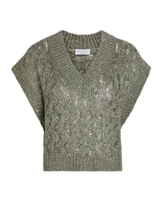 Brunello Cucinelli Green Sequin V-Neck Knit Vest