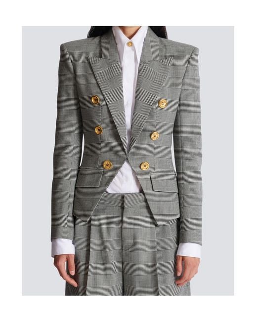 Balmain Gray Prince Of Wales Jacquard 6-Buttons Jacket