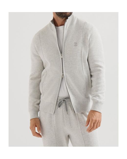 Brunello Cucinelli White Cashmere Double Knit Cardigan With Zipper And Logo for men