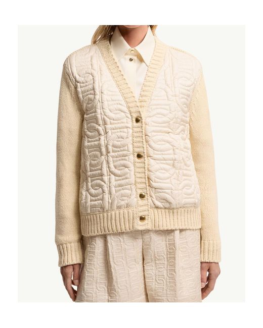 Moncler Natural Chain Quilted Padded V-Neck Cardigan