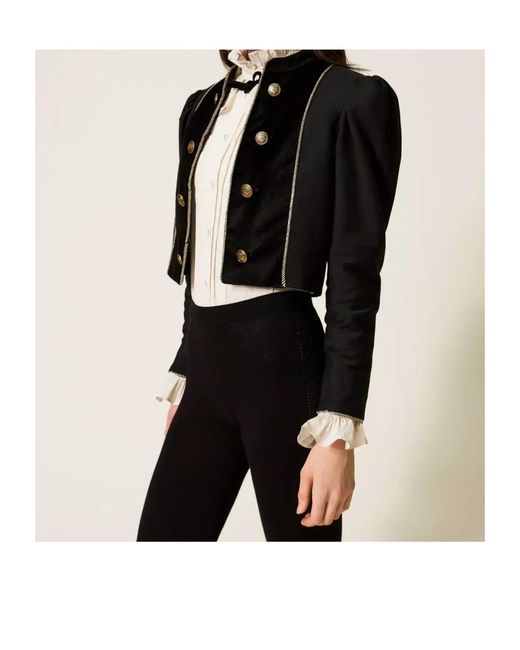 Twinset Black Velvet-Trimmed Puff-Sleeve Jacket