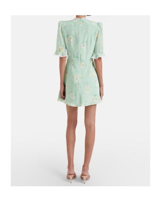 Alessandra Rich Green Lace-Trimmed Floral Silk Minidress