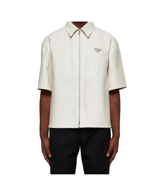 Prada White Short-Sleeved Zipped Leather Shirt for men