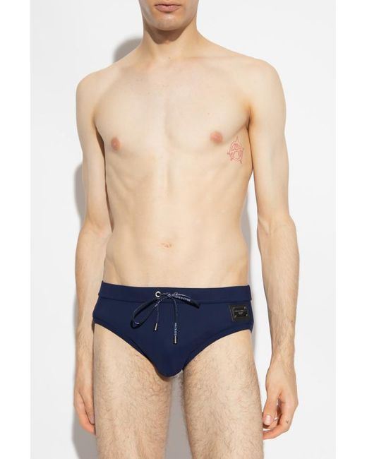 Dolce & Gabbana Blue Logo Patch Drawstring Swim Shorts for men