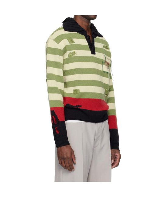 ANDERSSON BELL Green Striped Ripped Polo Shirt for men