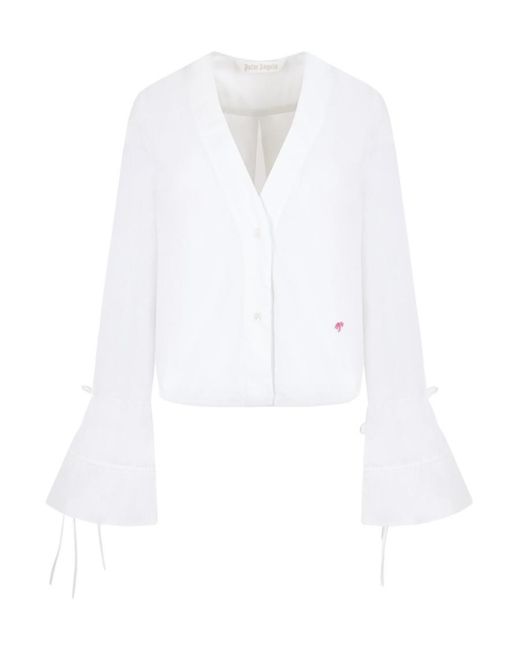 Palm Angels White Logo Embroidered Flute-Sleeved Shirt