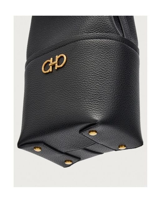 Ferragamo Black Ferragamo Gancini Logo Plaque Drawstring Tote Bag