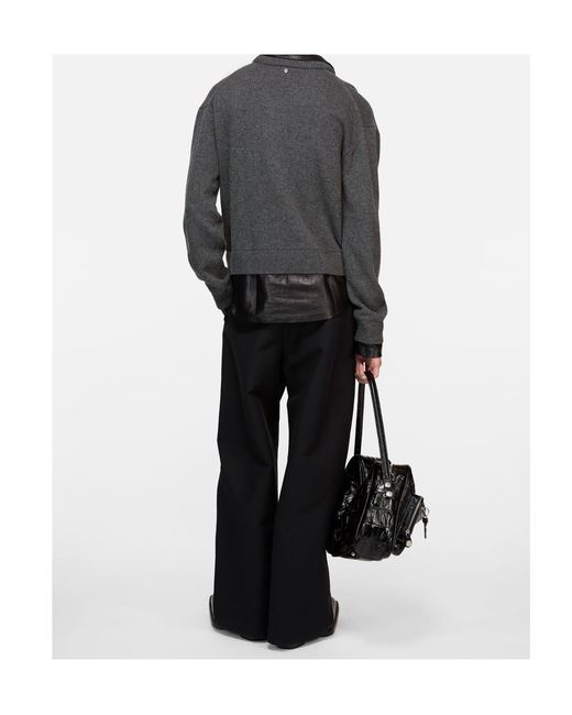 Acne Gray Leather-Trim V-Neck Sweater