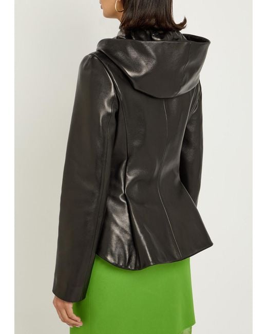 Khaite Black June Hooded Peplum-Hem Leather Jacket