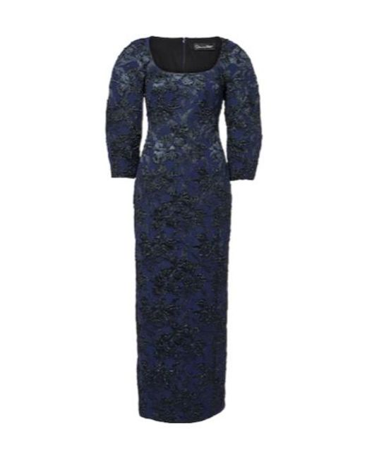 Oscar de la Renta Blue Floral Metallic-Effect Jacquard Gown