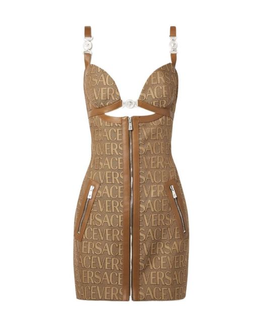 Versace Natural Cut-Out Jacquard Sleeveless Mini Dress