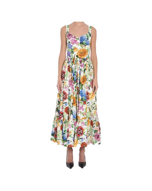 Dolce & Gabbana White Floral Printed Sleeveless Midi Dress
