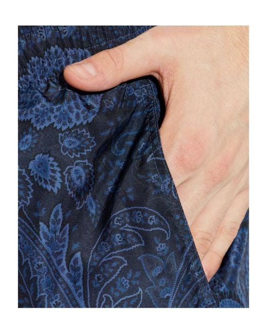 Etro Blue Paisley Printed Drawstring Swim Shorts for men