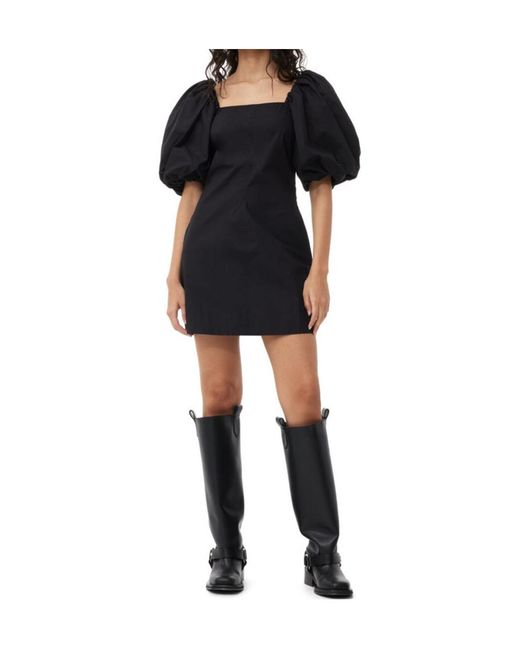 Ganni Black Poplin Puff-Sleeved Mini Dress