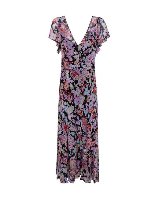 Rixo Purple V-Neck Floral Print Dress