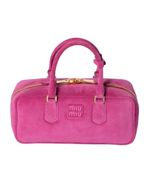 Miu Miu Pink Arcadie Logo Embossed Tote Bag