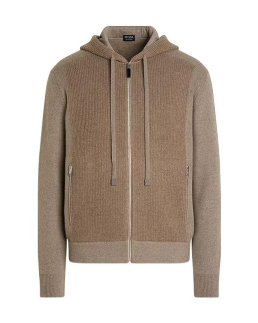 Zegna Brown Ribbed-Panel Zip-Up Hoodie for men