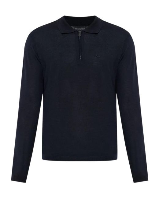 Emporio Armani Blue Zip-Neck Embroidered Logo Polo Shirt for men