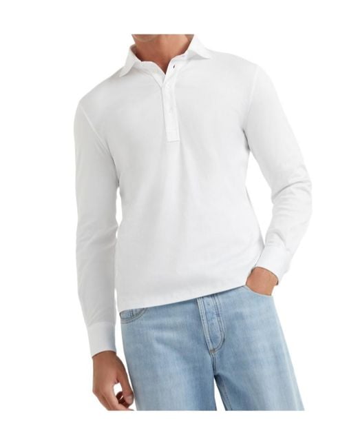 Brunello Cucinelli White Long Sleeved Buttoned Polo Shirt for men