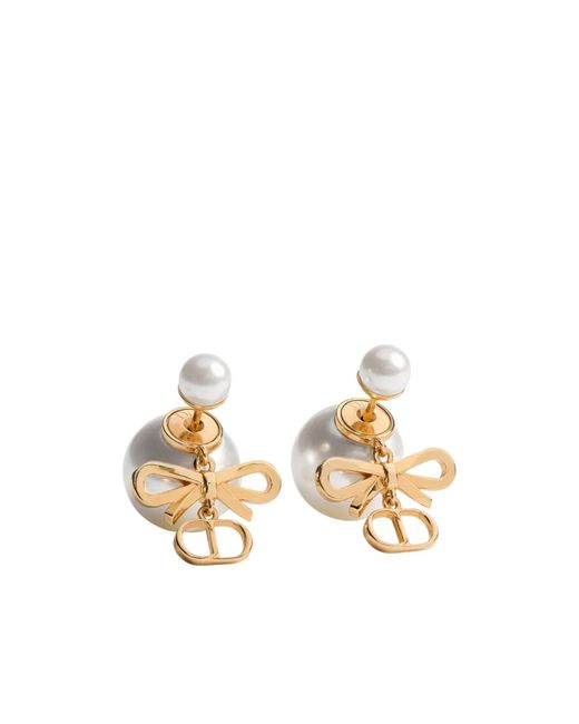 Dior Metallic Bow Logo Pearl Earrings