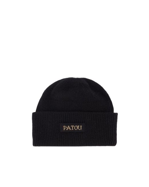 Patou Black Logo-Patch Turn-Up Brim Beanie