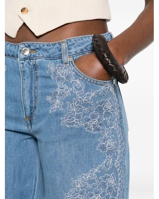 ERMANNO FIRENZE Blue Floral Embroidered Wide-Leg Jeans
