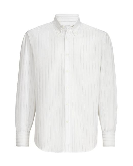 Brunello Cucinelli White Cotton Textured Striped Chevron Shirt With Button-Down Collar for men