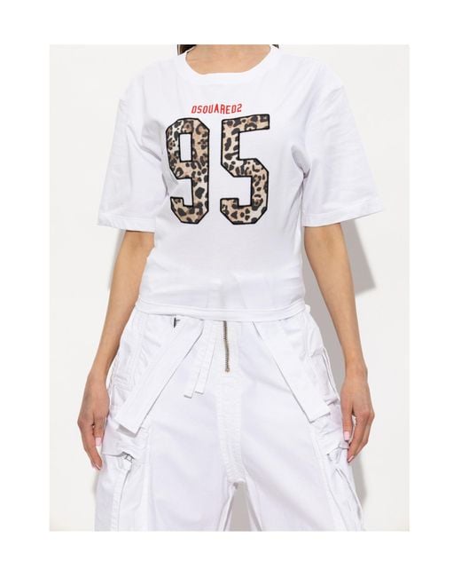 DSquared² White Cropped Logo Print T-Shirt